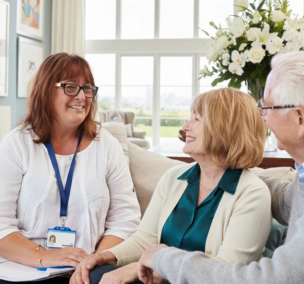 A personal caregiver from Montreal is chatting about personalized care plans with a senior and their spouse.