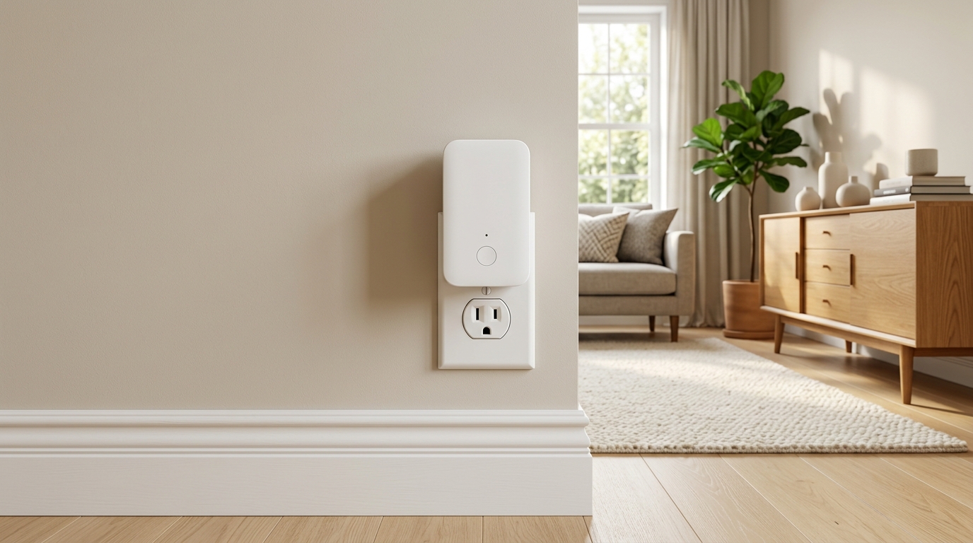 LifeCare Plus care safety pod plugged into a wall outlet in a bright living room