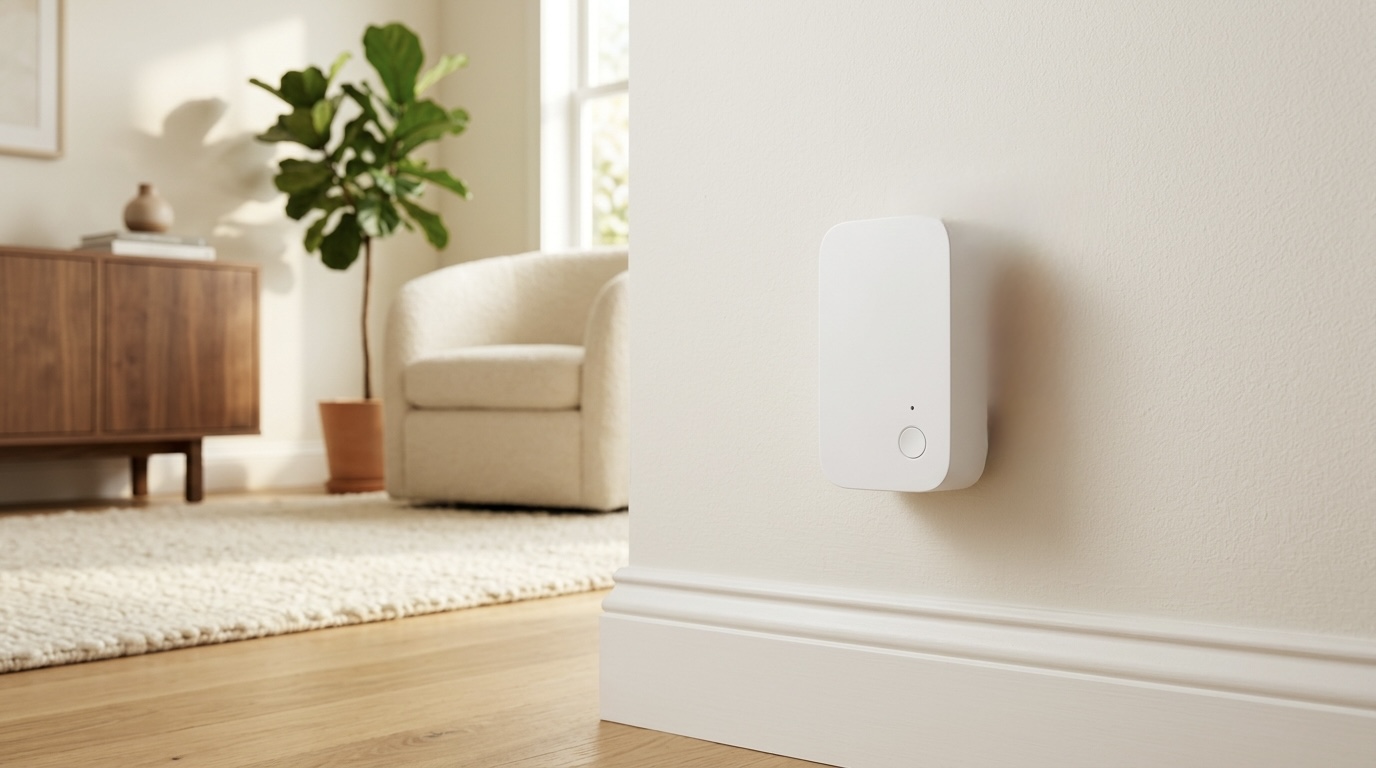 LifeCare Plus care safety pod mounted on a wall in a bright living room